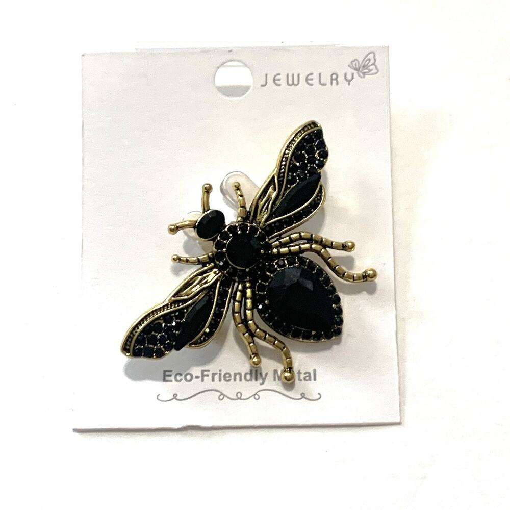 Black Rhinestone Bee Brooch Bronze Tone Pave Statement Insect Pin New